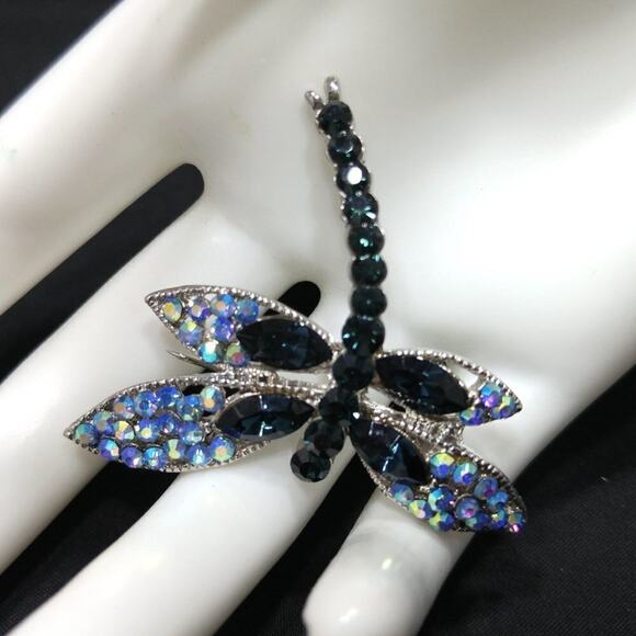 Dragonfly Brooch, Aurora Borealis, Deep Green Rhinestones, Silver Tone, 1 1/2 In - Picture 2 of 8
